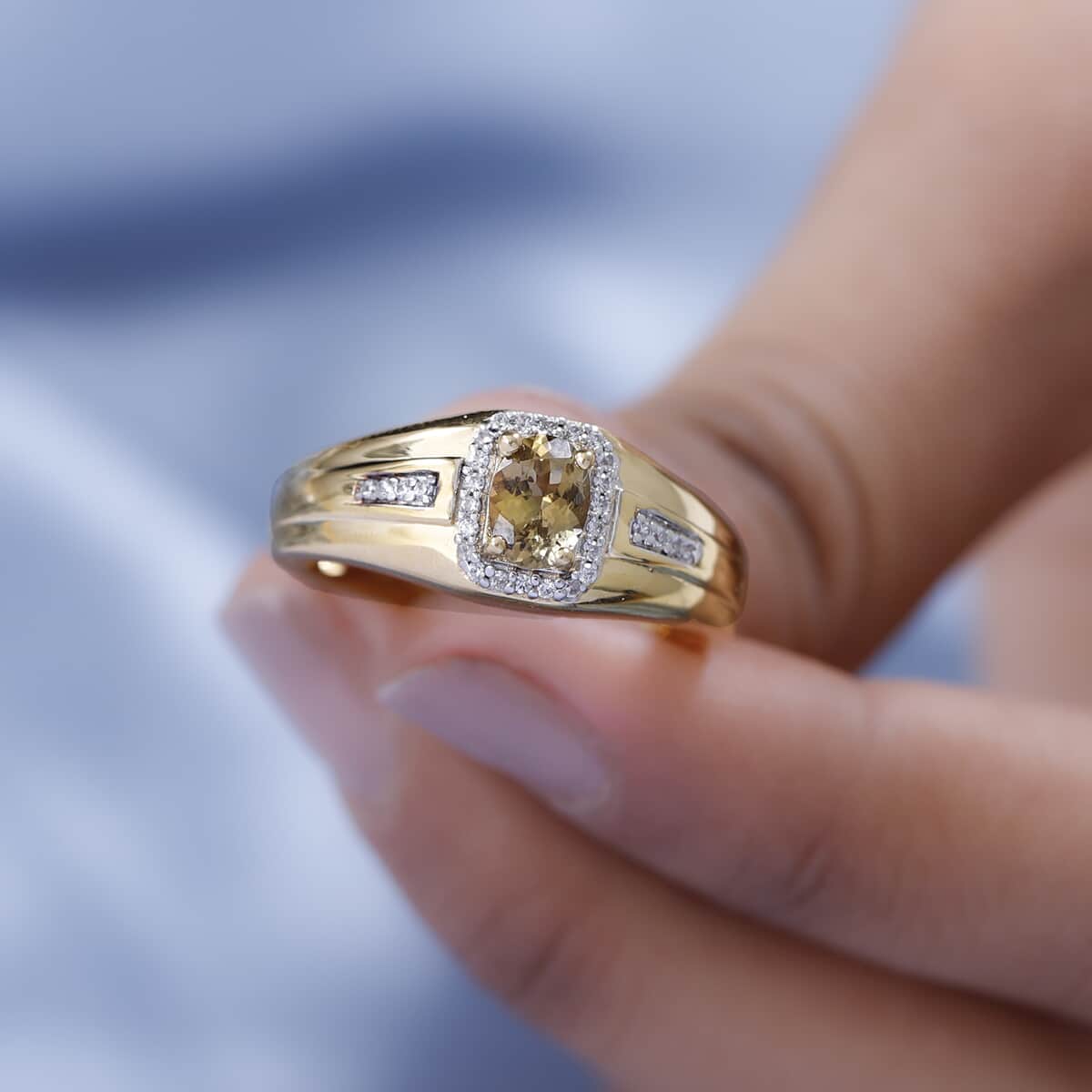 Premium Natural Golden Tanzanite and Natural White Zircon Men's Ring in Vermeil Yellow Gold Over Sterling Silver (Size 10.0) 1.00 ctw image number 2