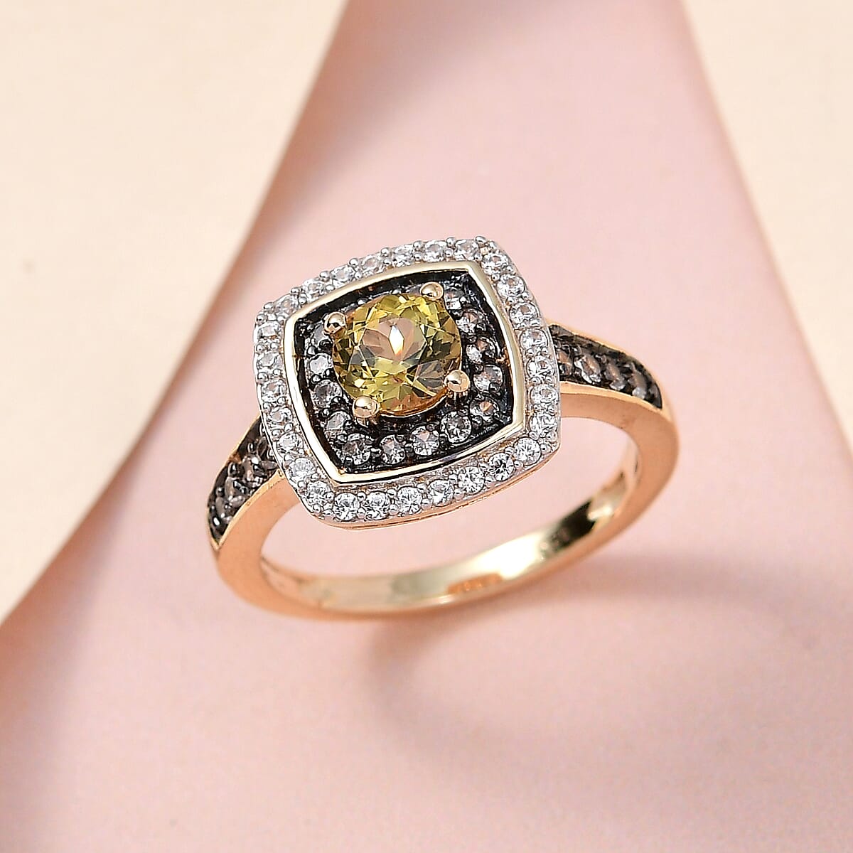 Premium Golden Tanzanite, Champagne and White Zircon Double Halo Ring in Vermeil Yellow Gold Over Sterling Silver (Size 9.0) 1.25 ctw image number 1