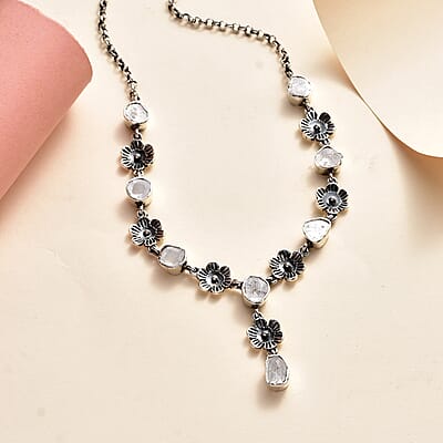 Artisan Crafted Polki Diamond Floral Station Necklace 18 Inches in Sterling Silver 1.50 ctw