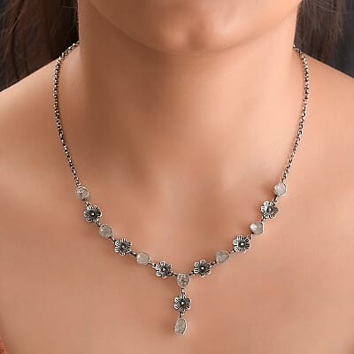 Artisan Crafted Polki Diamond Floral Station Necklace 18 Inches in Sterling Silver 1.50 ctw