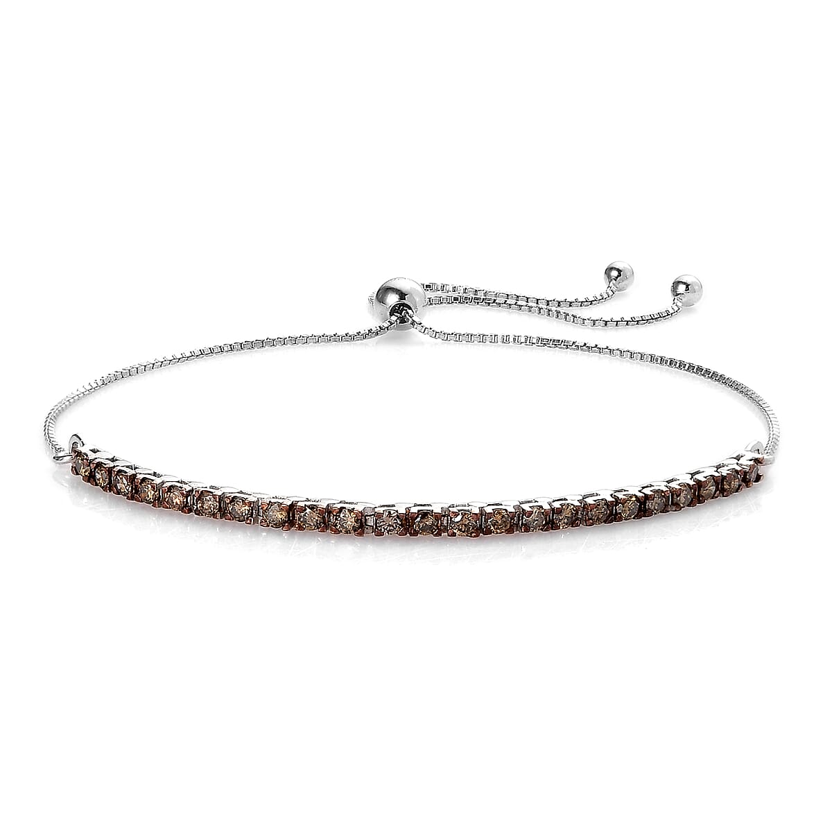 Natural Champagne Diamond Bolo Bracelet in Platinum Over Sterling Silver (10.50 In) 1.00 ctw image number 0