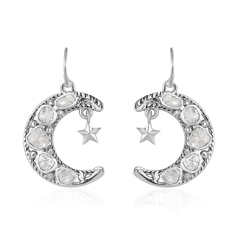 Artisan Crafted Polki Diamond Star and Moon Earrings in Sterling Silver 1.00 ctw