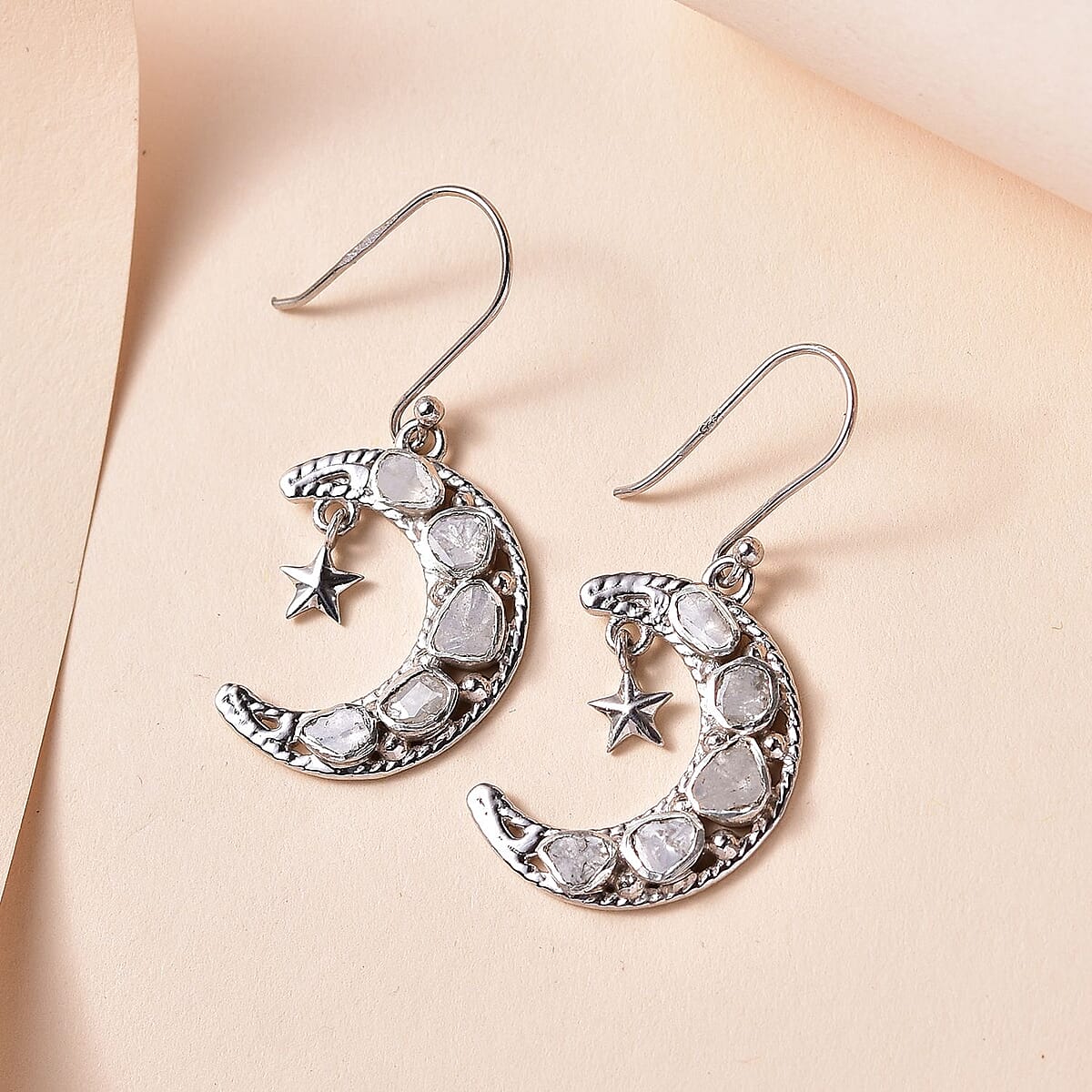 Artisan Crafted Polki Diamond Star and Moon Earrings in Sterling Silver 1.00 ctw image number 1