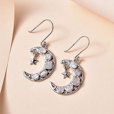 Artisan Crafted Polki Diamond Star and Moon Earrings in Sterling Silver 1.00 ctw