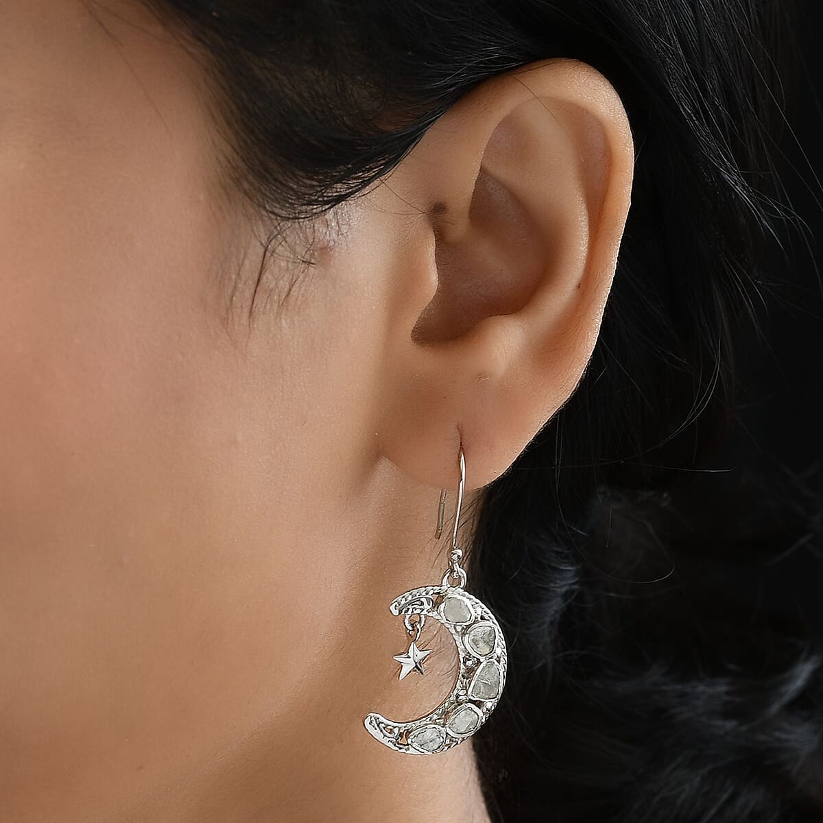 Artisan Crafted Polki Diamond Star and Moon Earrings in Sterling Silver 1.00 ctw image number 2