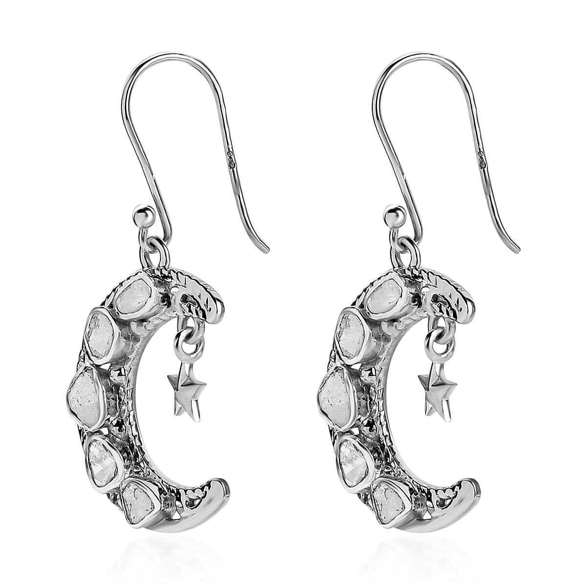 Artisan Crafted Polki Diamond Star and Moon Earrings in Sterling Silver 1.00 ctw image number 3