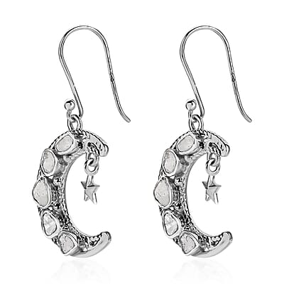 Artisan Crafted Polki Diamond Star and Moon Earrings in Sterling Silver 1.00 ctw