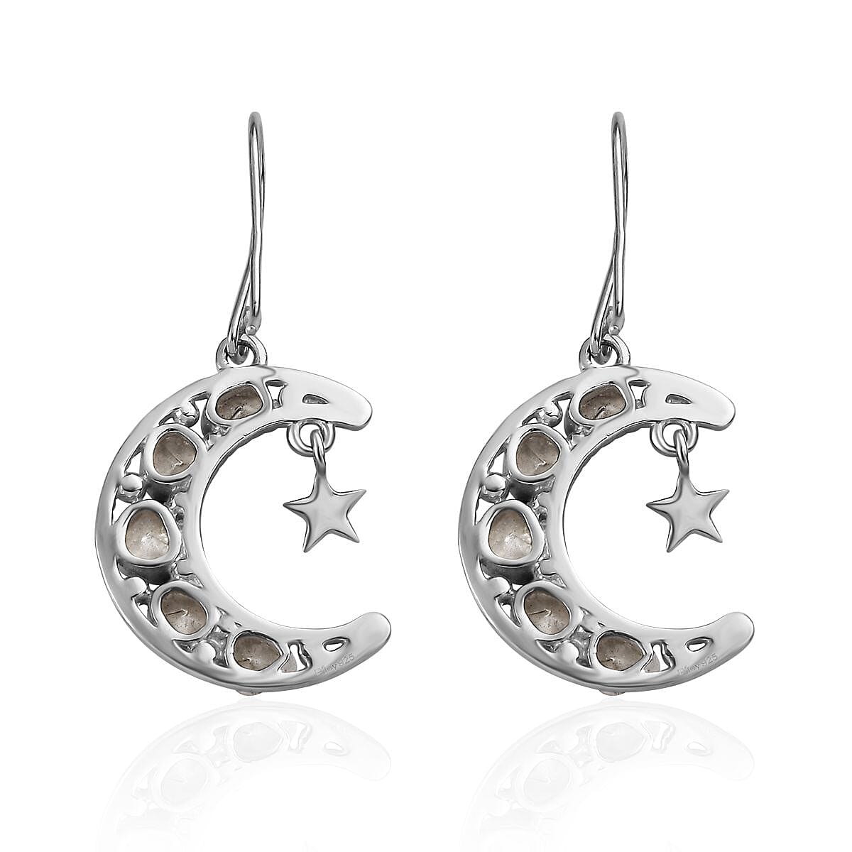 Artisan Crafted Polki Diamond Star and Moon Earrings in Sterling Silver 1.00 ctw image number 4