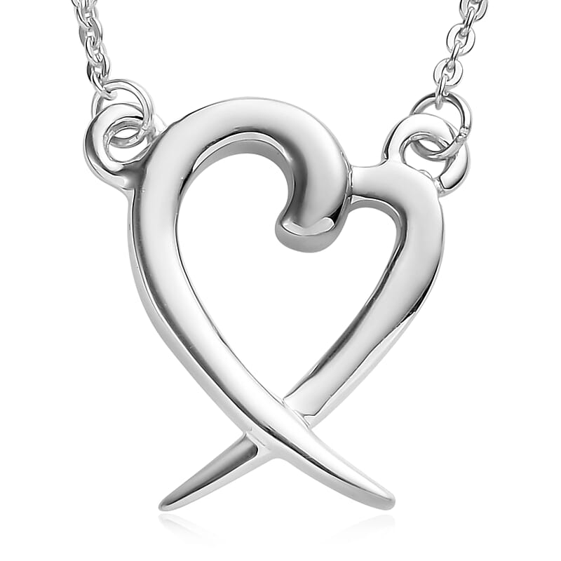 Heart Necklace , Platinum Over Sterling Silver Necklace, Heart And X Necklace , 18 Inch Necklace 3.30 Grams