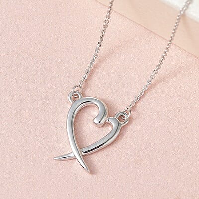 Heart Necklace , Platinum Over Sterling Silver Necklace, Heart And X Necklace , 18 Inch Necklace 3.30 Grams