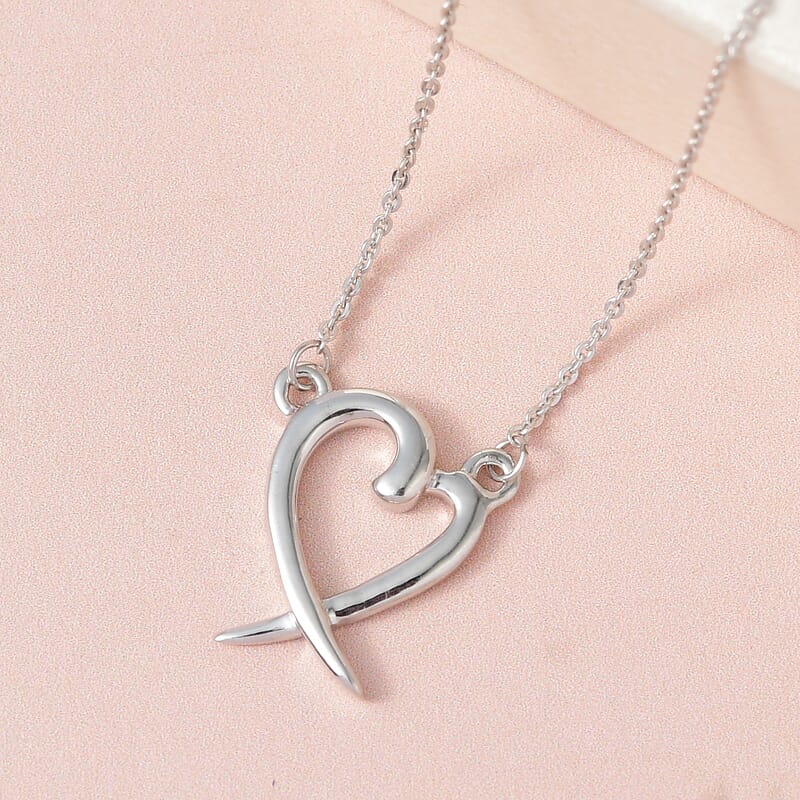 Heart Necklace , Platinum Over Sterling Silver Necklace, Heart And X Necklace , 18 Inch Necklace 3.30 Grams