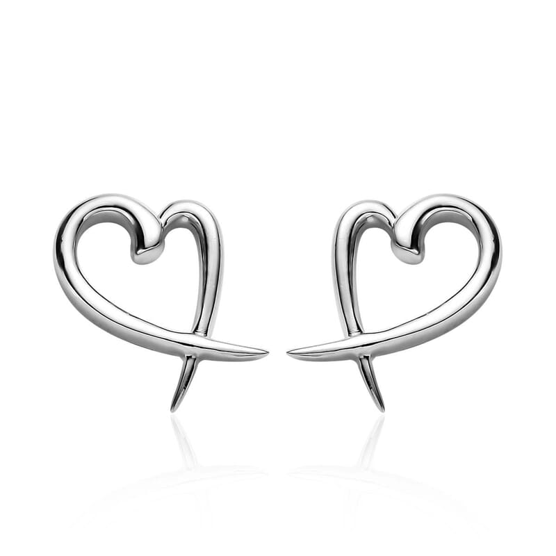 Heart Earrings , Platinum Over Sterling Silver Earrings , Silver Heart Studs , X Earrings 2 Grams