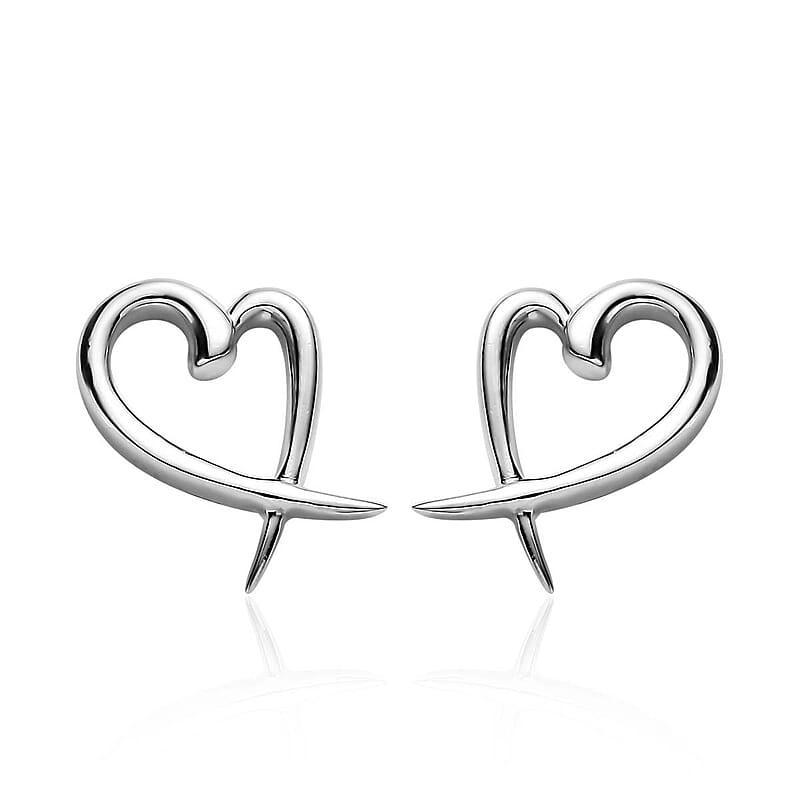 Heart Earrings , Platinum Over Sterling Silver Earrings , Silver Heart Studs , X Earrings 2 Grams