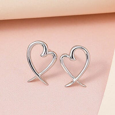 Heart Earrings , Platinum Over Sterling Silver Earrings , Silver Heart Studs , X Earrings 2 Grams