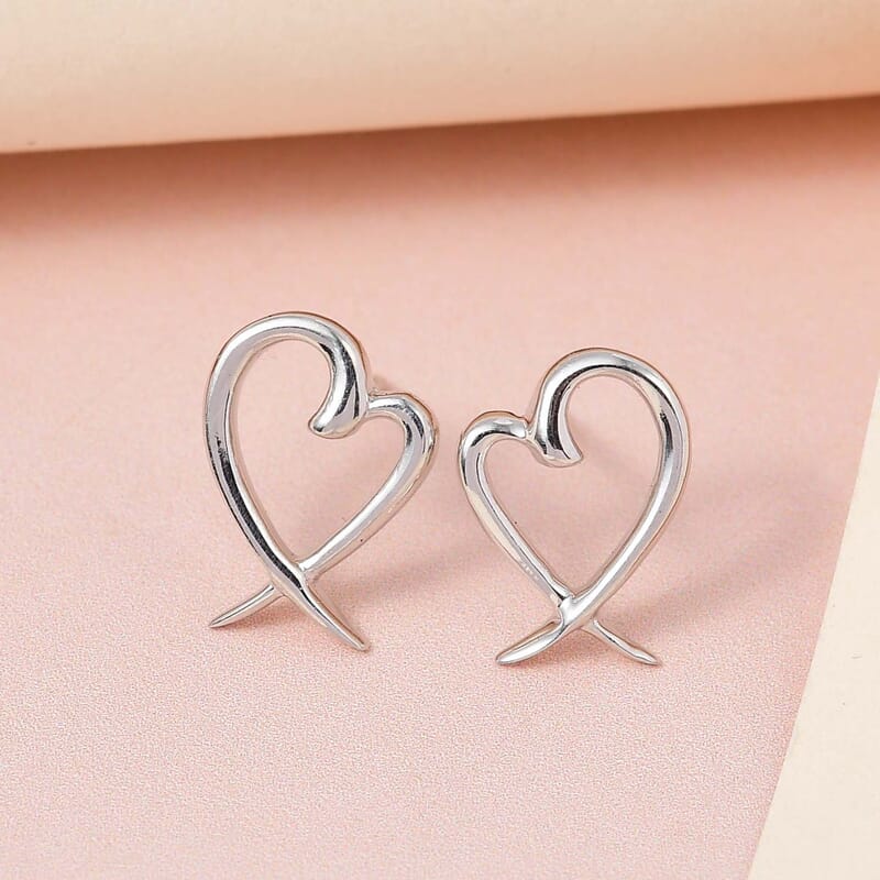 Heart Earrings , Platinum Over Sterling Silver Earrings , Silver Heart Studs , X Earrings 2 Grams