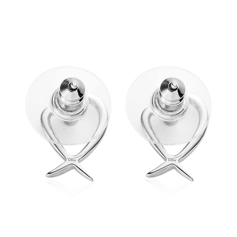 Heart Earrings , Platinum Over Sterling Silver Earrings , Silver Heart Studs , X Earrings 2 Grams