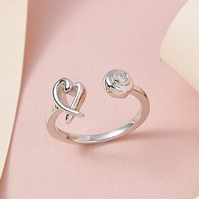 Moissanite Heart XO Open Band Ring in Platinum Over Sterling Silver (Size 10.0)