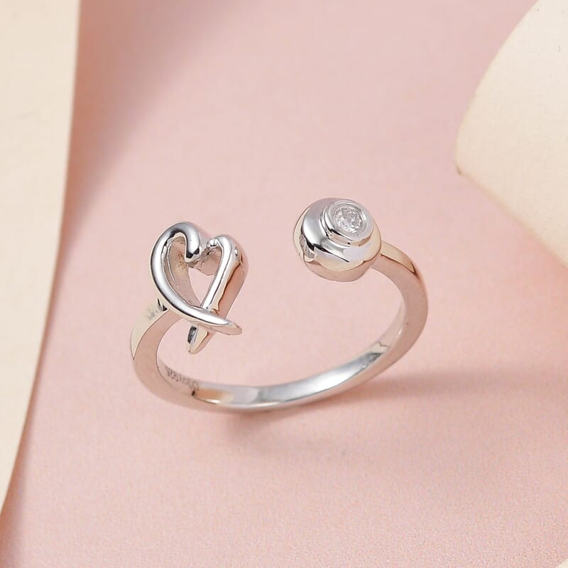 Moissanite Heart XO Open Band Ring in Platinum Over Sterling Silver (Size 10.0)