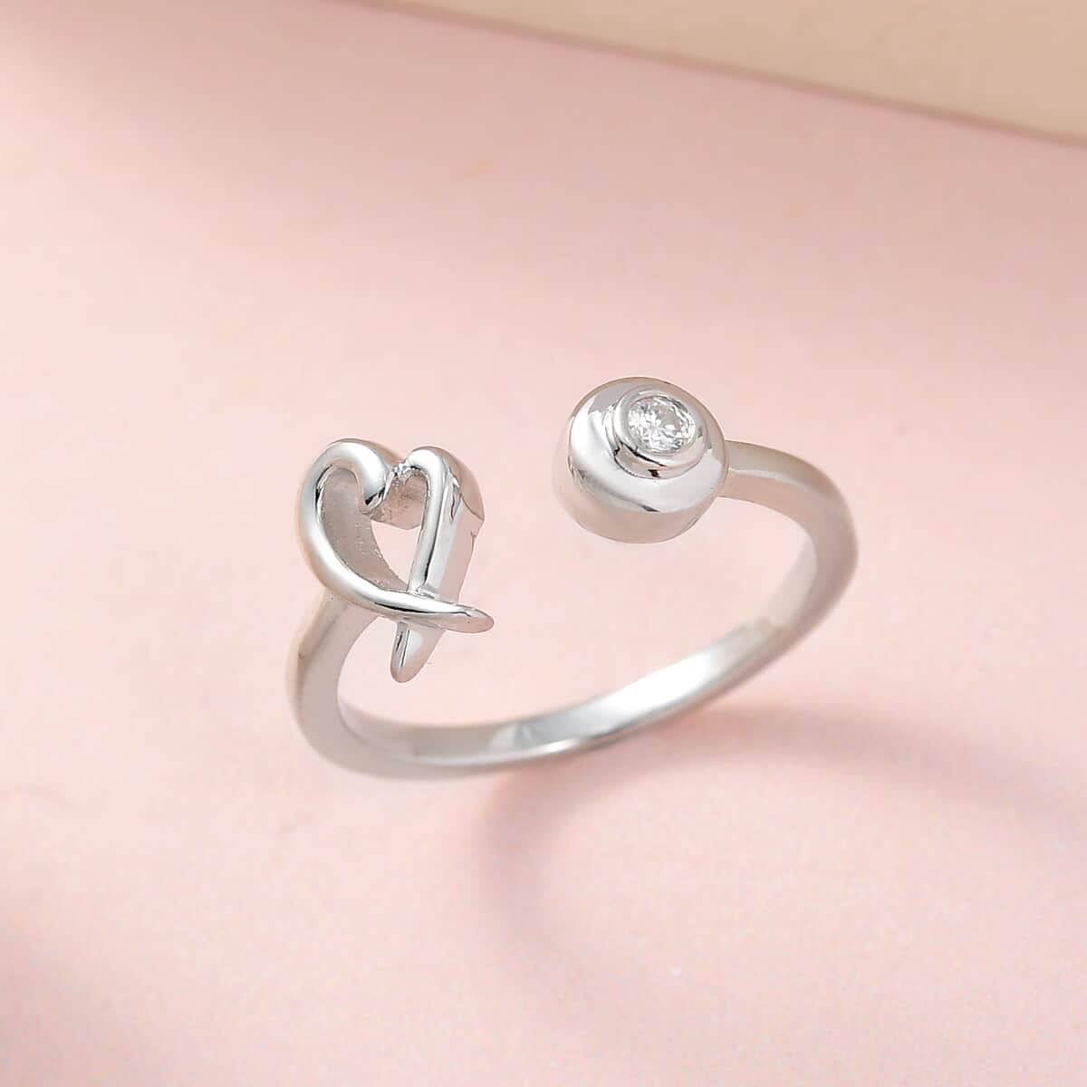 Moissanite Ring , XO Ring , Open Band Ring , Platinum Over Sterling Silver Ring , Moissanite Heart Ring image number 1