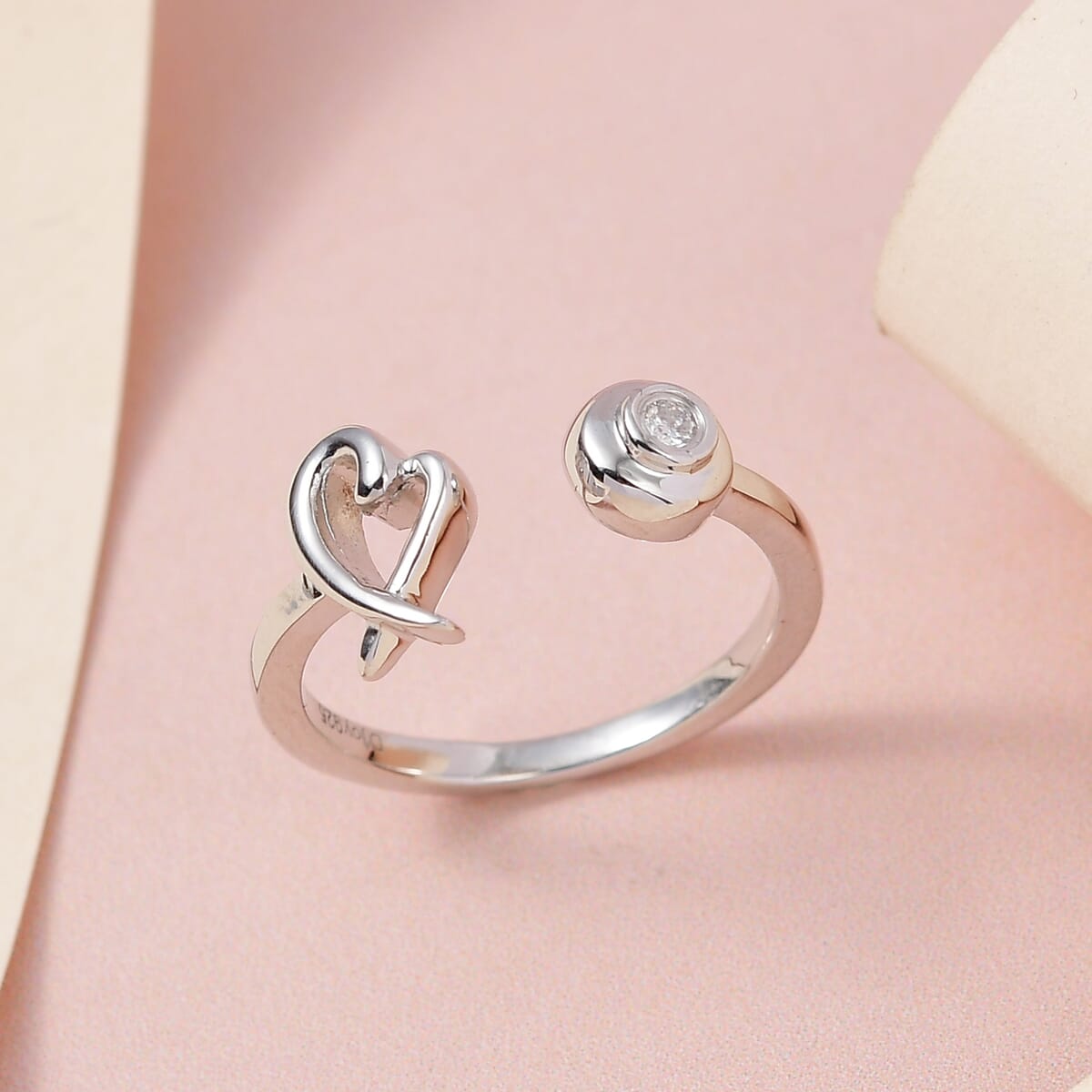 Moissanite Ring , XO Ring , Open Band Ring , Platinum Over Sterling Silver Ring , Moissanite Heart Ring (Size 8.00) image number 1