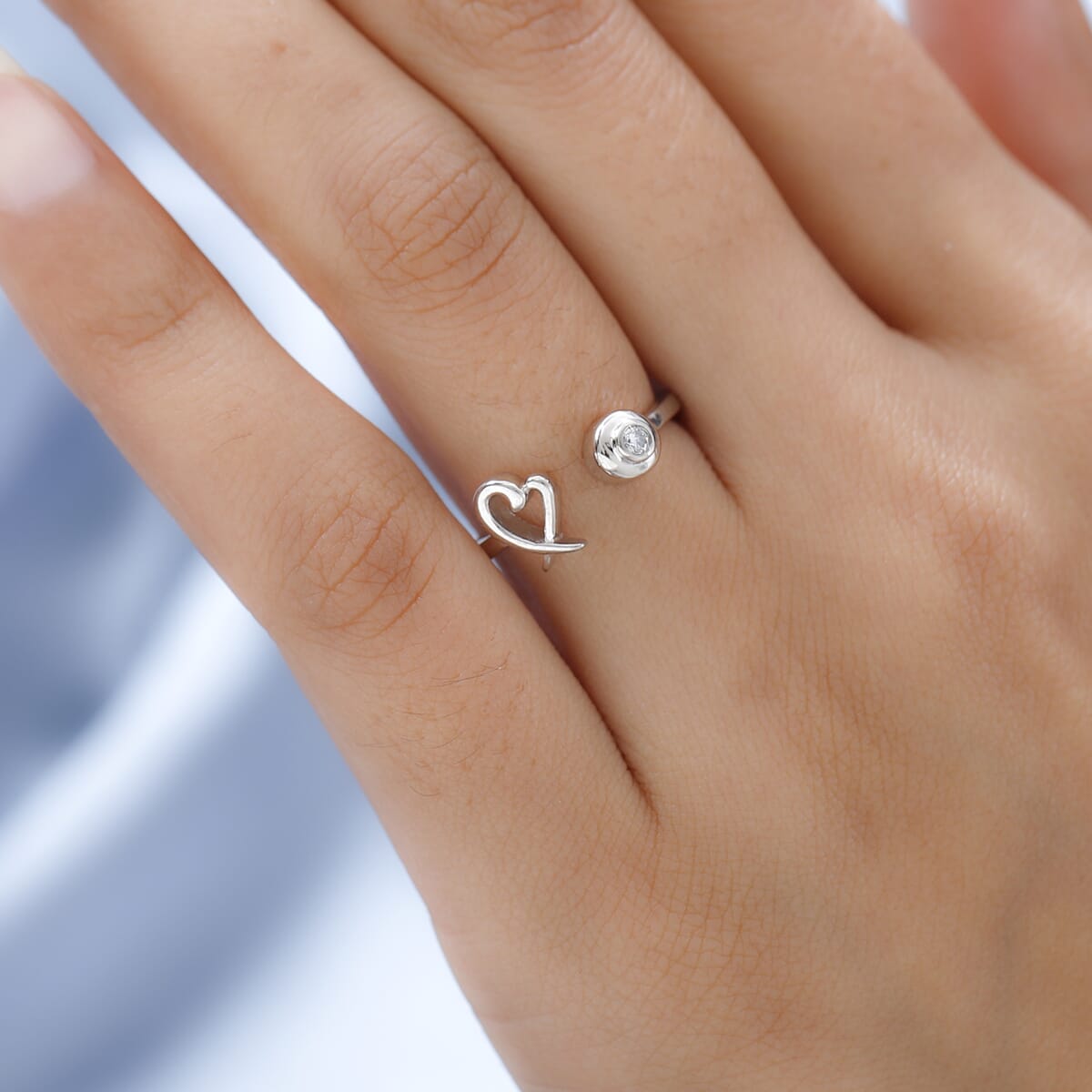 Moissanite Ring , XO Ring , Open Band Ring , Platinum Over Sterling Silver Ring , Moissanite Heart Ring (Size 8.00) image number 2