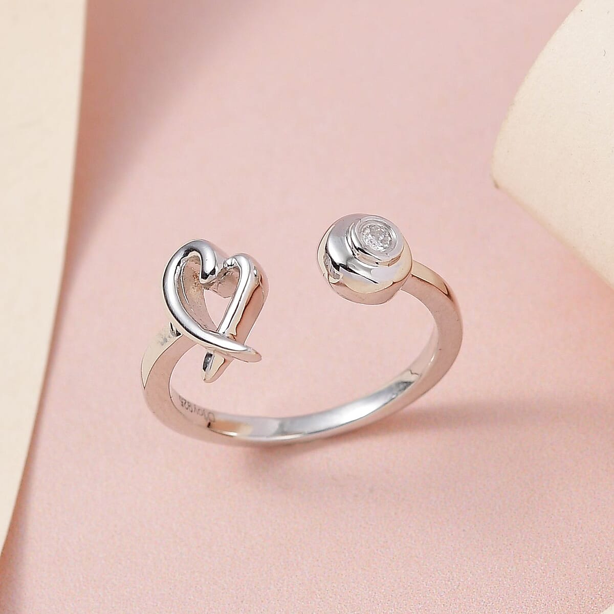 Moissanite Ring , XO Ring , Open Band Ring , Platinum Over Sterling Silver Ring , Moissanite Heart Ring (Size 9.00) image number 1