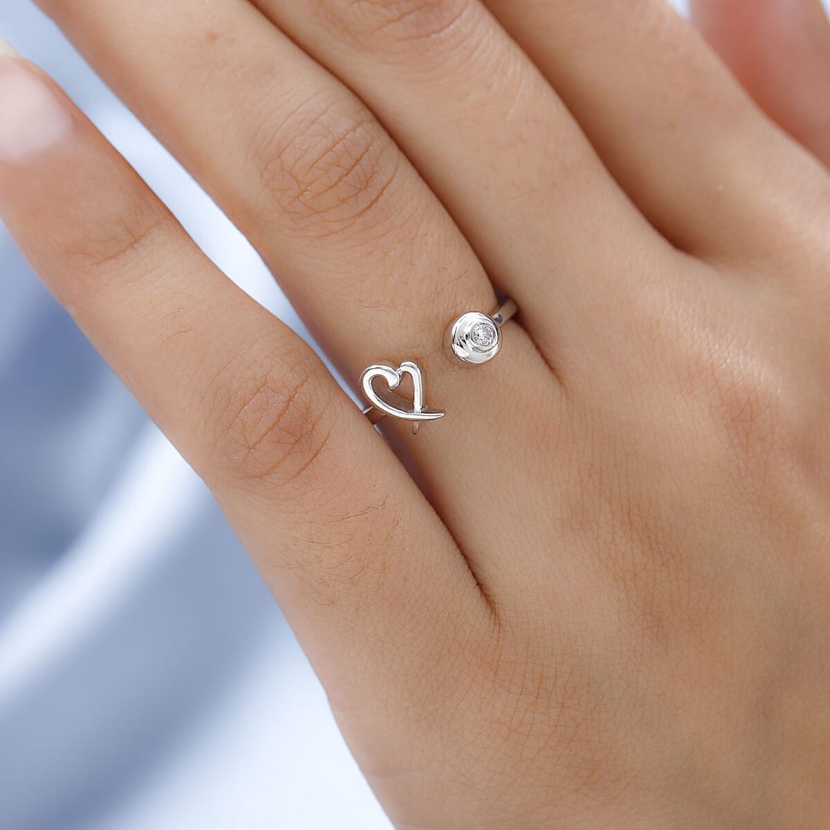 Moissanite Ring , XO Ring , Open Band Ring , Platinum Over Sterling Silver Ring , Moissanite Heart Ring (Size 9.00) image number 2