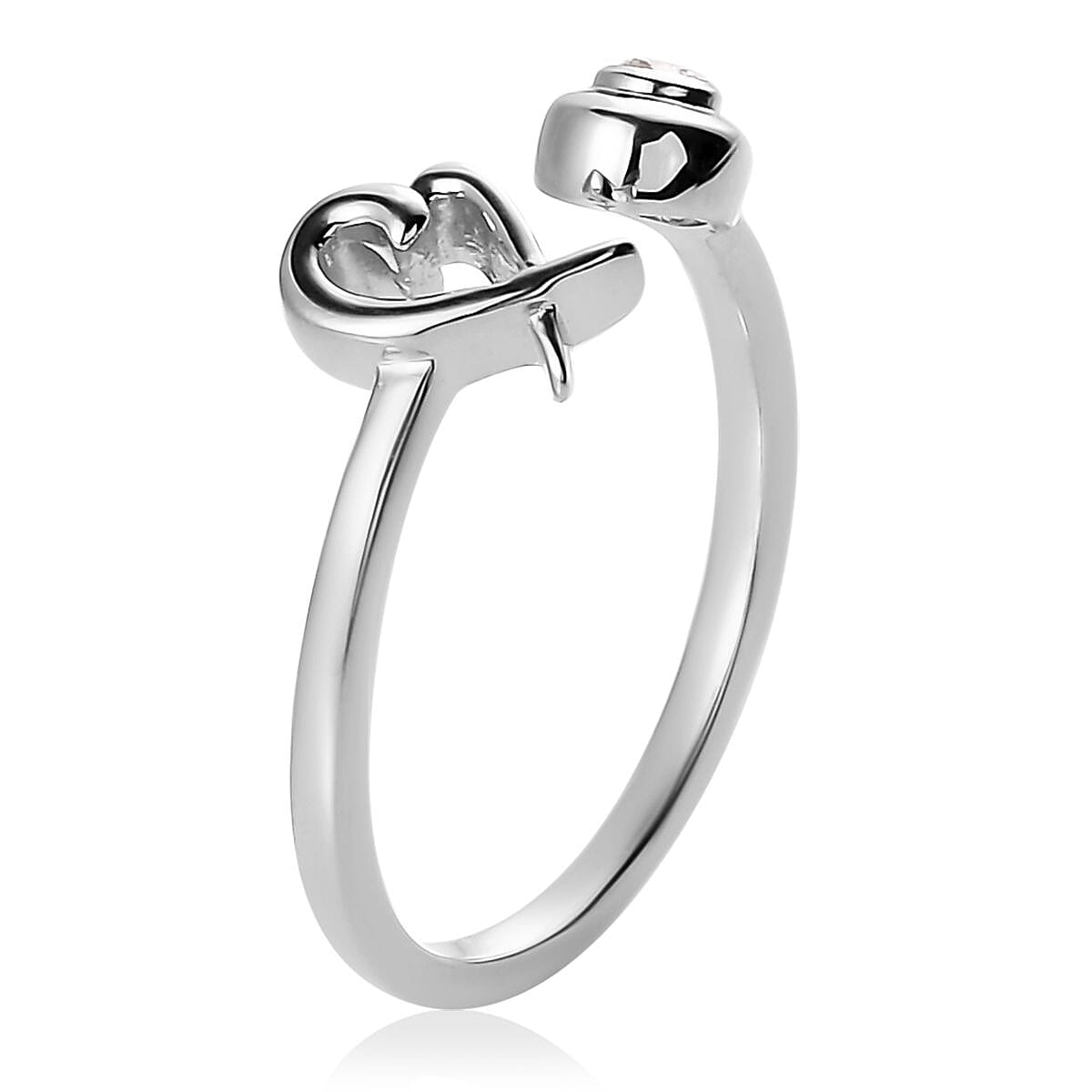 Moissanite Ring , XO Ring , Open Band Ring , Platinum Over Sterling Silver Ring , Moissanite Heart Ring (Size 9.00) image number 3