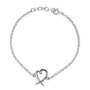 Heart Bracelet , Heart and X Bracelet , Platinum Over Sterling Silver Bracelet , Heart Silver Bracelet (7.25 In) 3.40 Grams