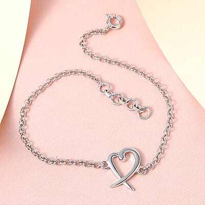 Heart Bracelet , Heart and X Bracelet , Platinum Over Sterling Silver Bracelet , Heart Silver Bracelet (7.25 In) 3.40 Grams