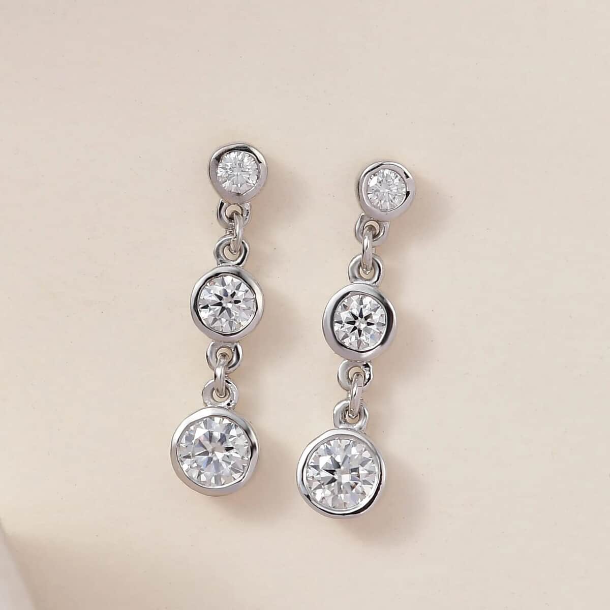 Moissanite Dangle Earrings, Drop Earrings, Perfect Earrings For Women in Platinum Over Sterling Silver 1.60 ctw image number 5