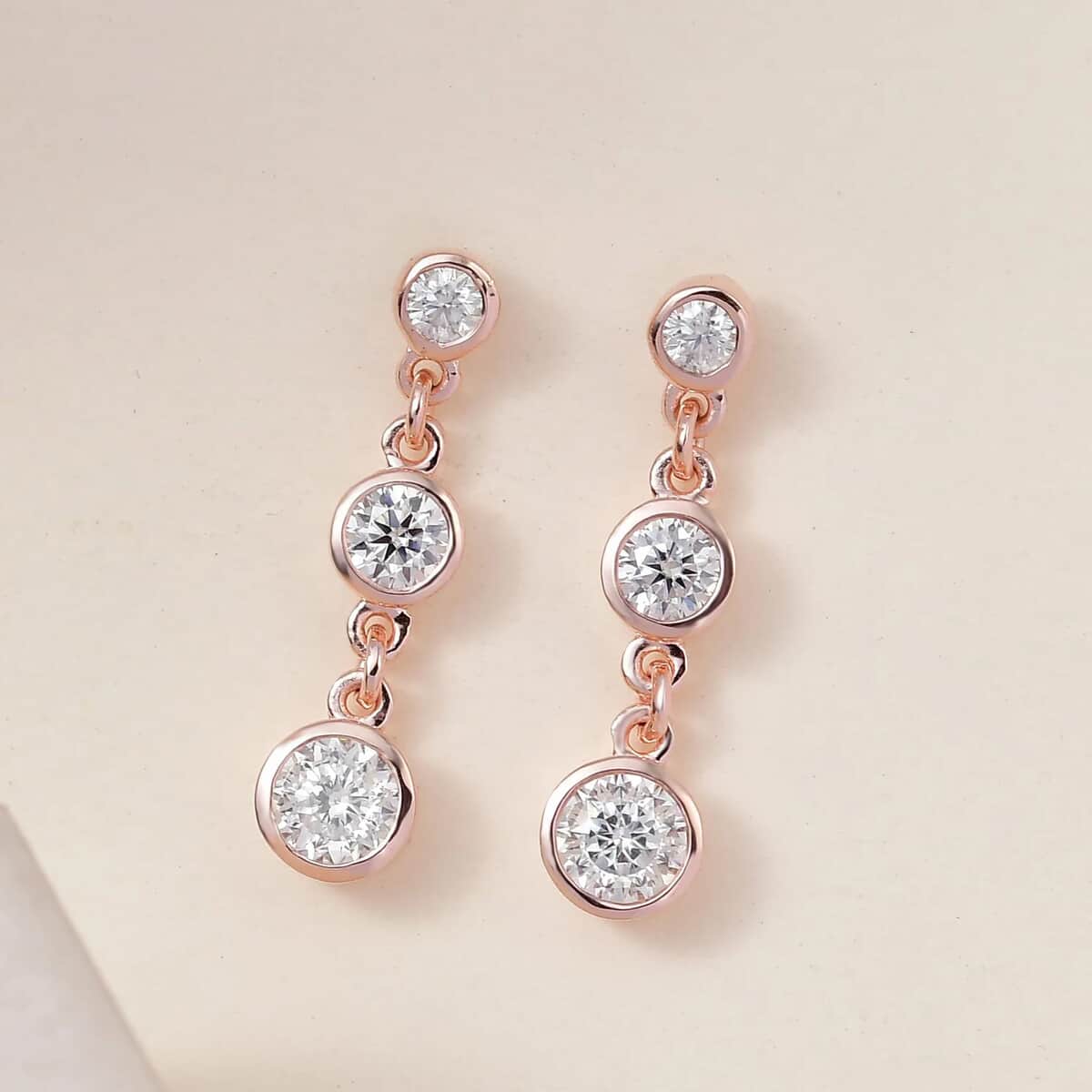 Moissanite 1.60 ctw Dangle Earrings, Drop Earrings, Perfect Earrings For Women in Vermeil Rose Gold Over Sterling Silver image number 5