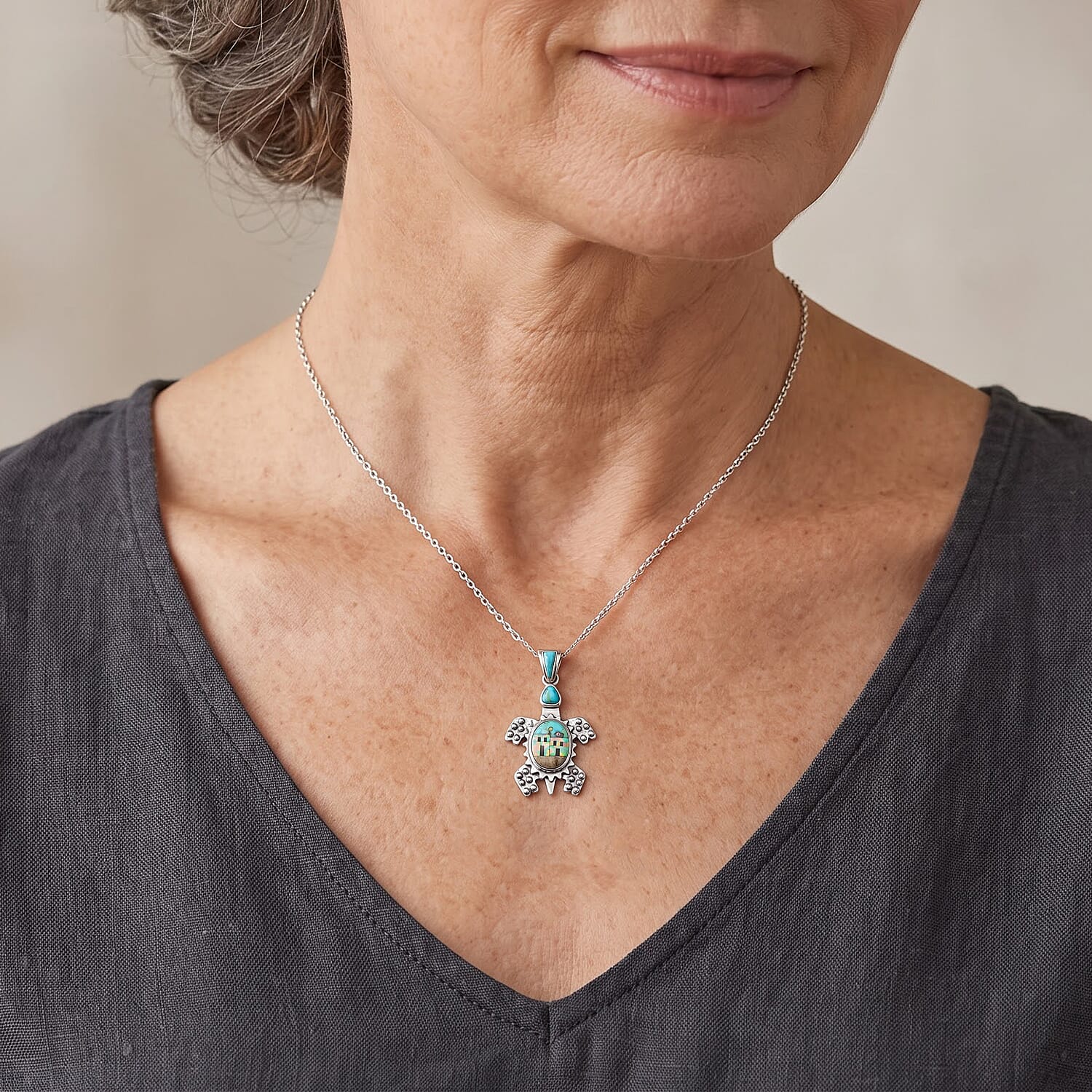 Santa Fe Style Mother of Pearl and Multi Gemstone 1.50 ctw Turtle Pendant without Chain in Sterling Silver