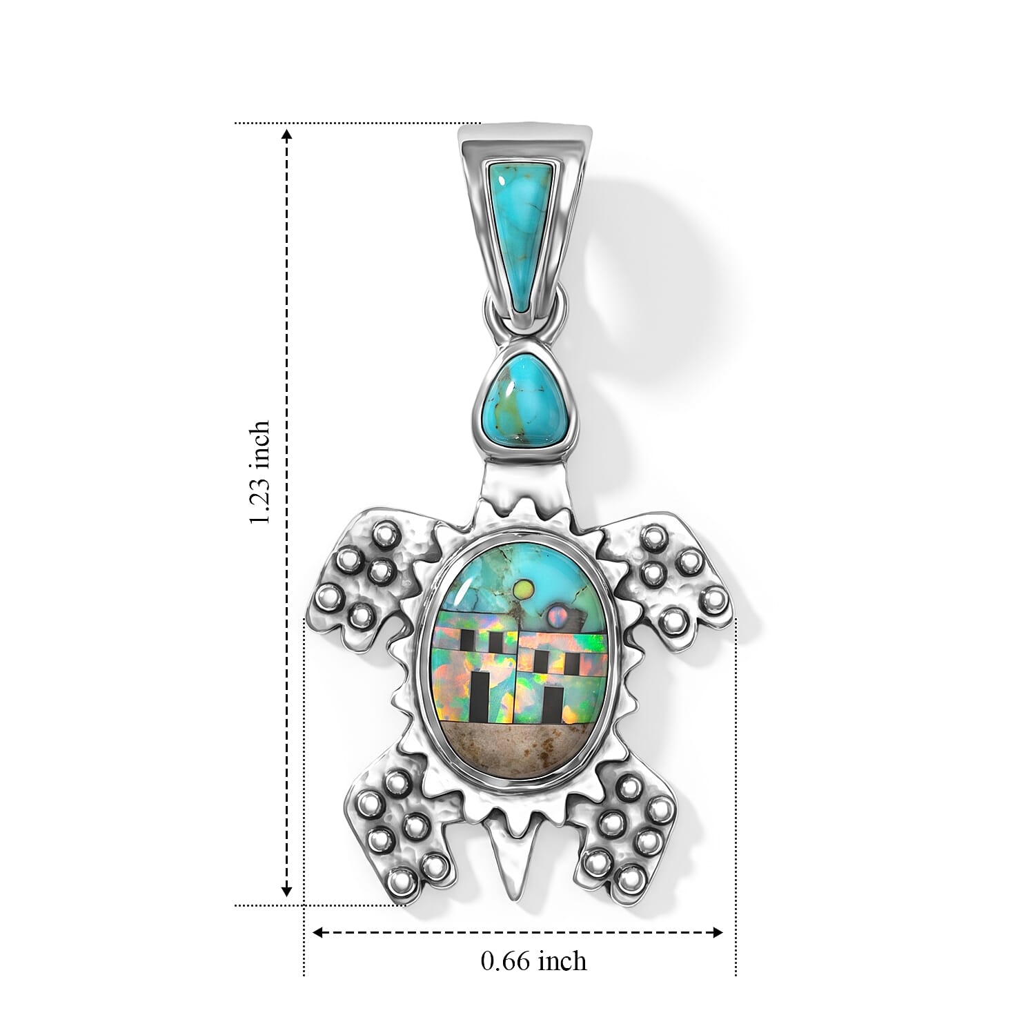 Santa Fe Style Mother of Pearl and Multi Gemstone 1.50 ctw Turtle Pendant without Chain in Sterling Silver
