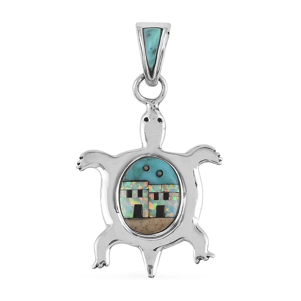Santa Fe Style Kingman Turquoise and Multi Gemstone Turtle Pendant in Sterling Silver 0.35 ctw