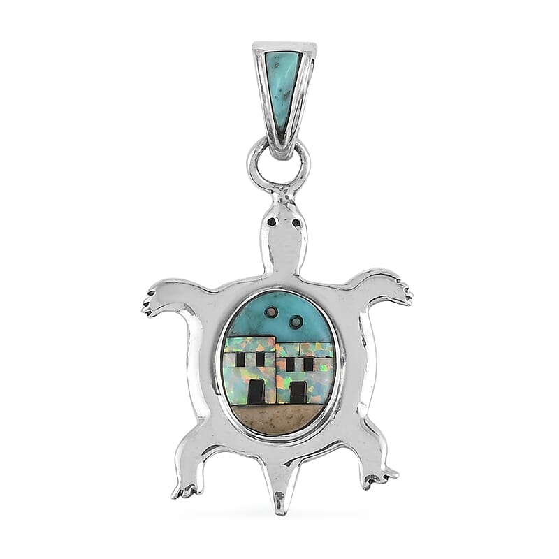 Santa Fe Style Kingman Turquoise and Multi Gemstone Turtle Pendant in Sterling Silver 0.35 ctw
