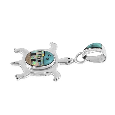 Santa Fe Style Kingman Turquoise and Multi Gemstone Turtle Pendant in Sterling Silver 0.35 ctw
