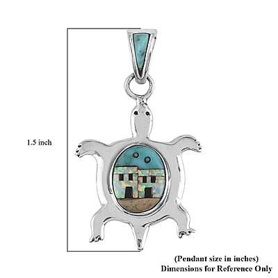 Santa Fe Style Kingman Turquoise and Multi Gemstone Turtle Pendant in Sterling Silver 0.35 ctw