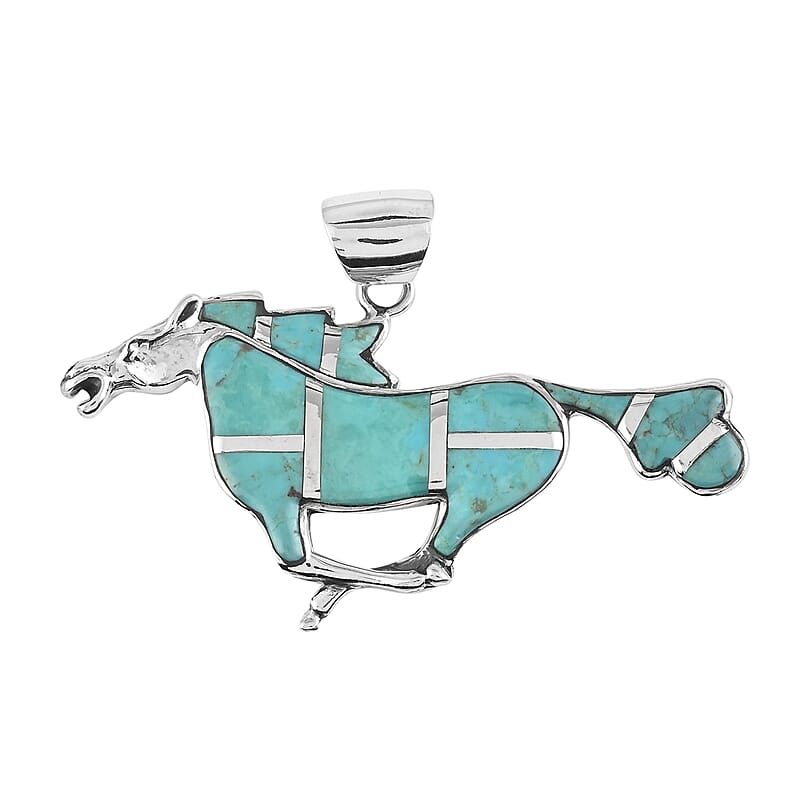 Santa Fe Style Turquoise Horse Pendant in Sterling Silver 2.25 ctw
