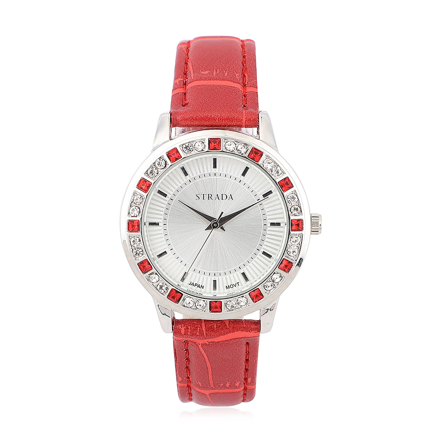 Strada Red and White Austrian Crystal Japanese Movement Watch with Red Vegan Leather Strap