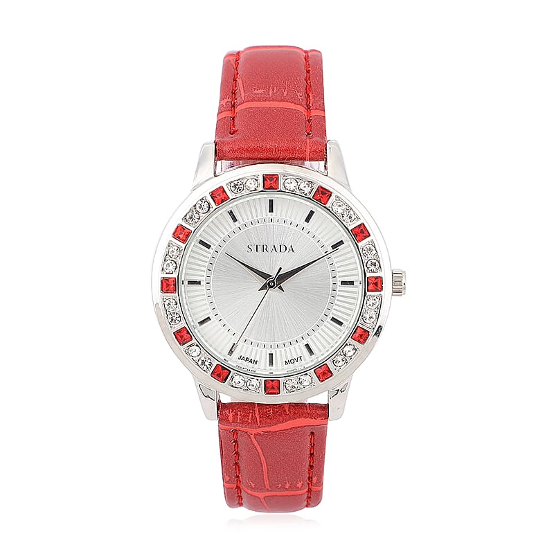 Strada Red and White Austrian Crystal Japanese Movement Watch with Red Vegan Leather Strap