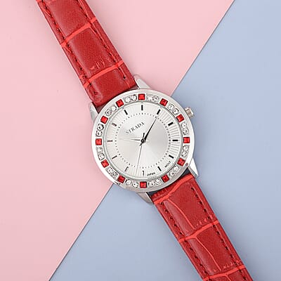 Strada Red and White Austrian Crystal Japanese Movement Watch with Red Vegan Leather Strap