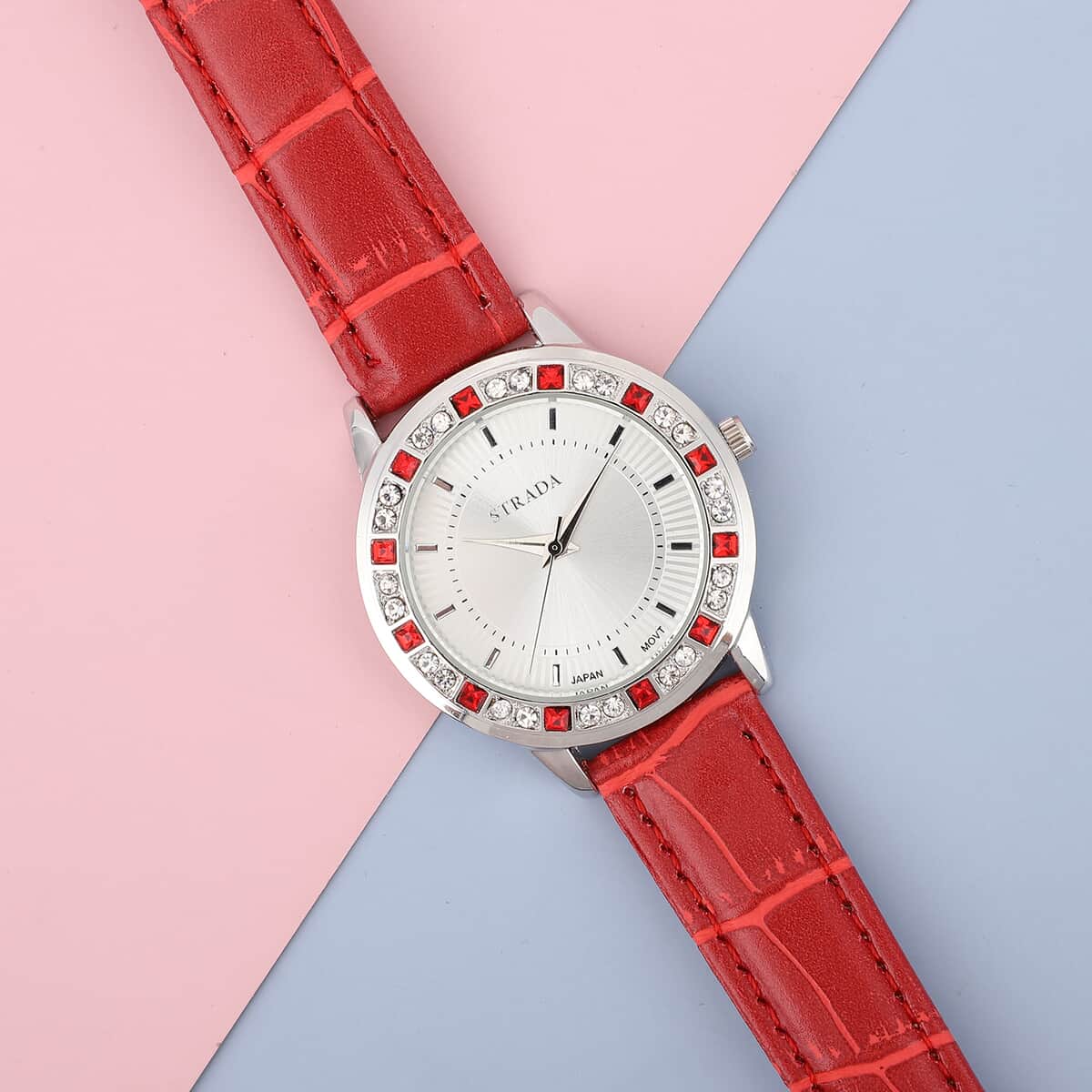 STRADA Red and White Austrian Crystal Japanese Movement Watch with Red Faux Leather Strap and Stainless Steel Back image number 1