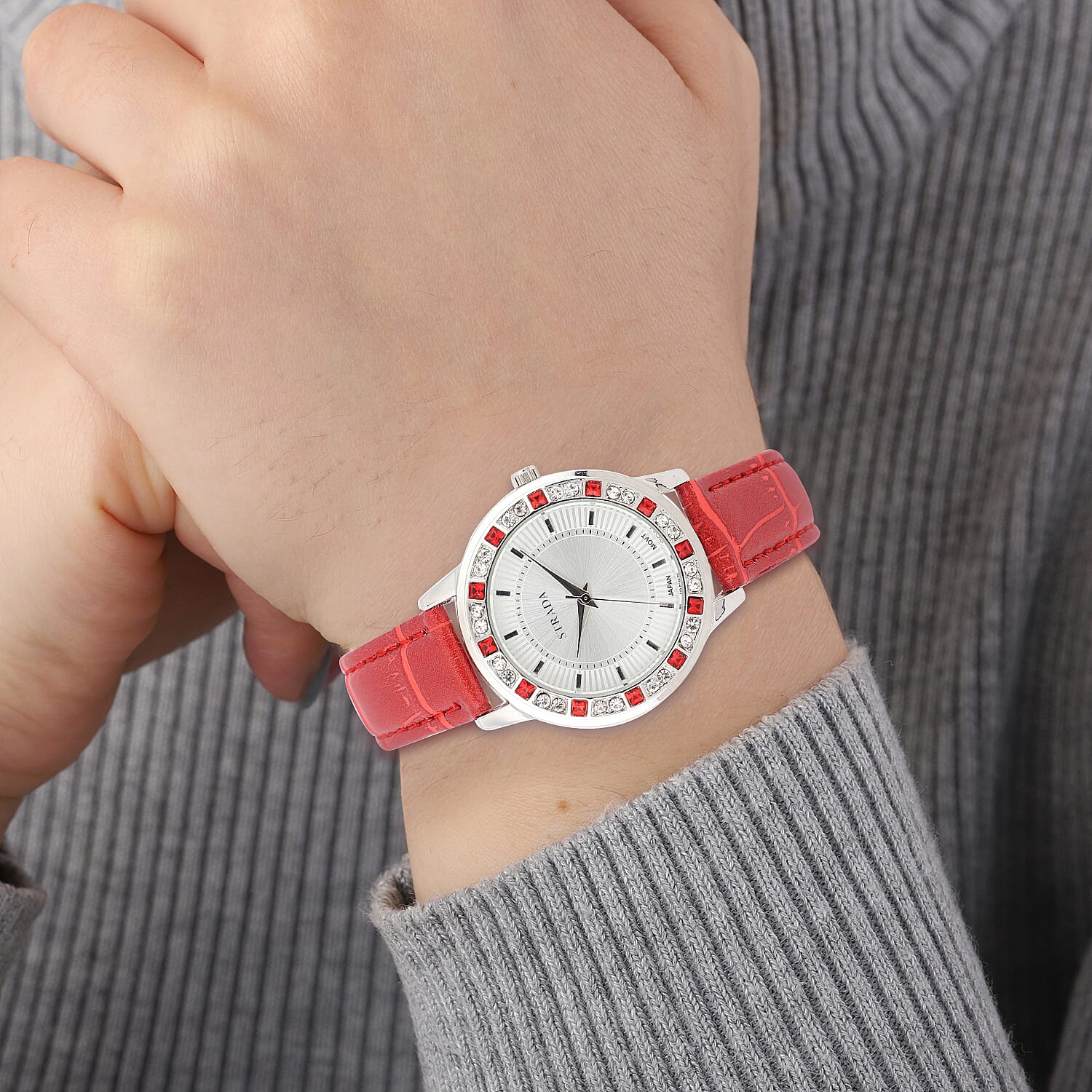Strada Red and White Austrian Crystal Japanese Movement Watch with Red Vegan Leather Strap