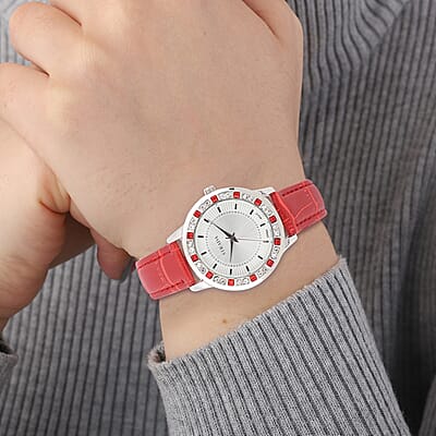 Strada Red and White Austrian Crystal Japanese Movement Watch with Red Vegan Leather Strap