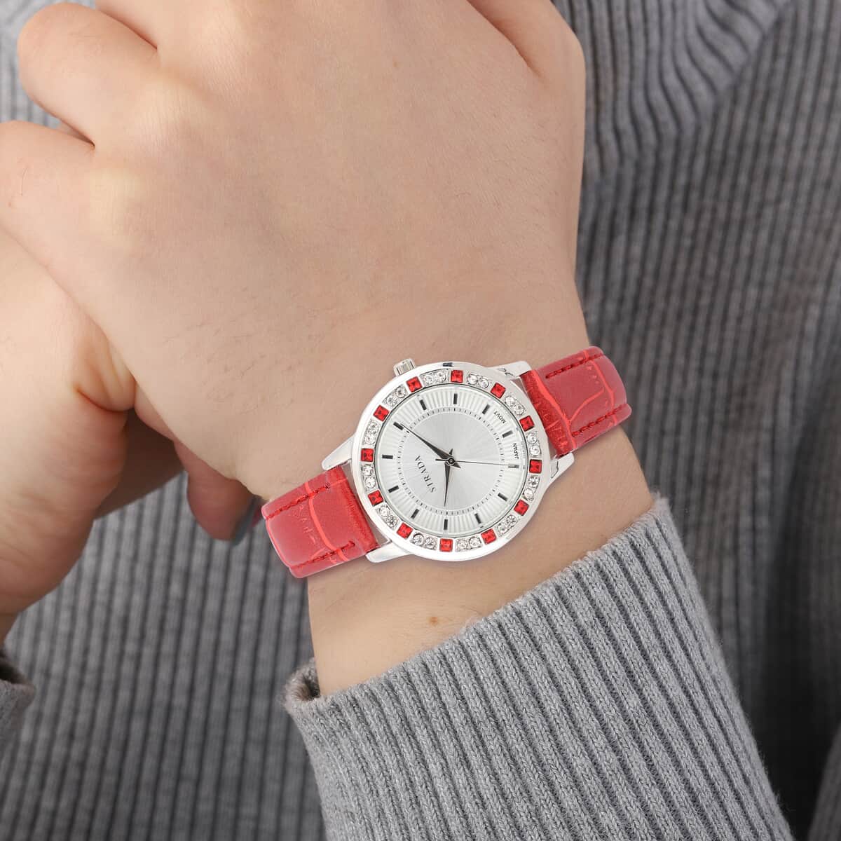 STRADA Red and White Austrian Crystal Japanese Movement Watch with Red Faux Leather Strap and Stainless Steel Back image number 2