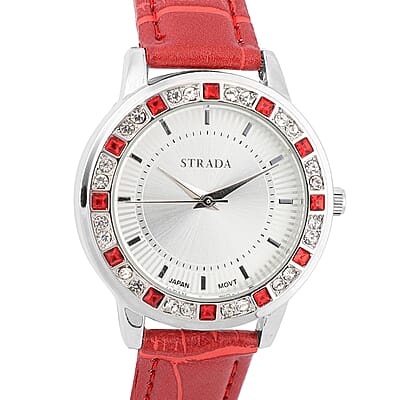 Strada Red and White Austrian Crystal Japanese Movement Watch with Red Vegan Leather Strap