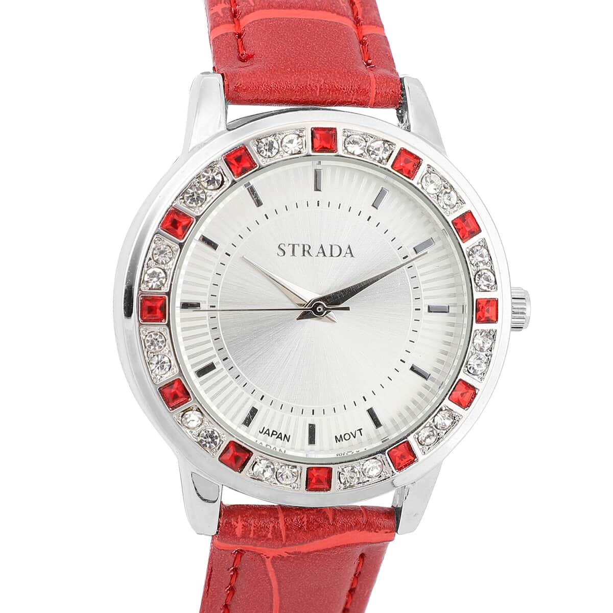 STRADA Red and White Austrian Crystal Japanese Movement Watch with Red Faux Leather Strap and Stainless Steel Back image number 3
