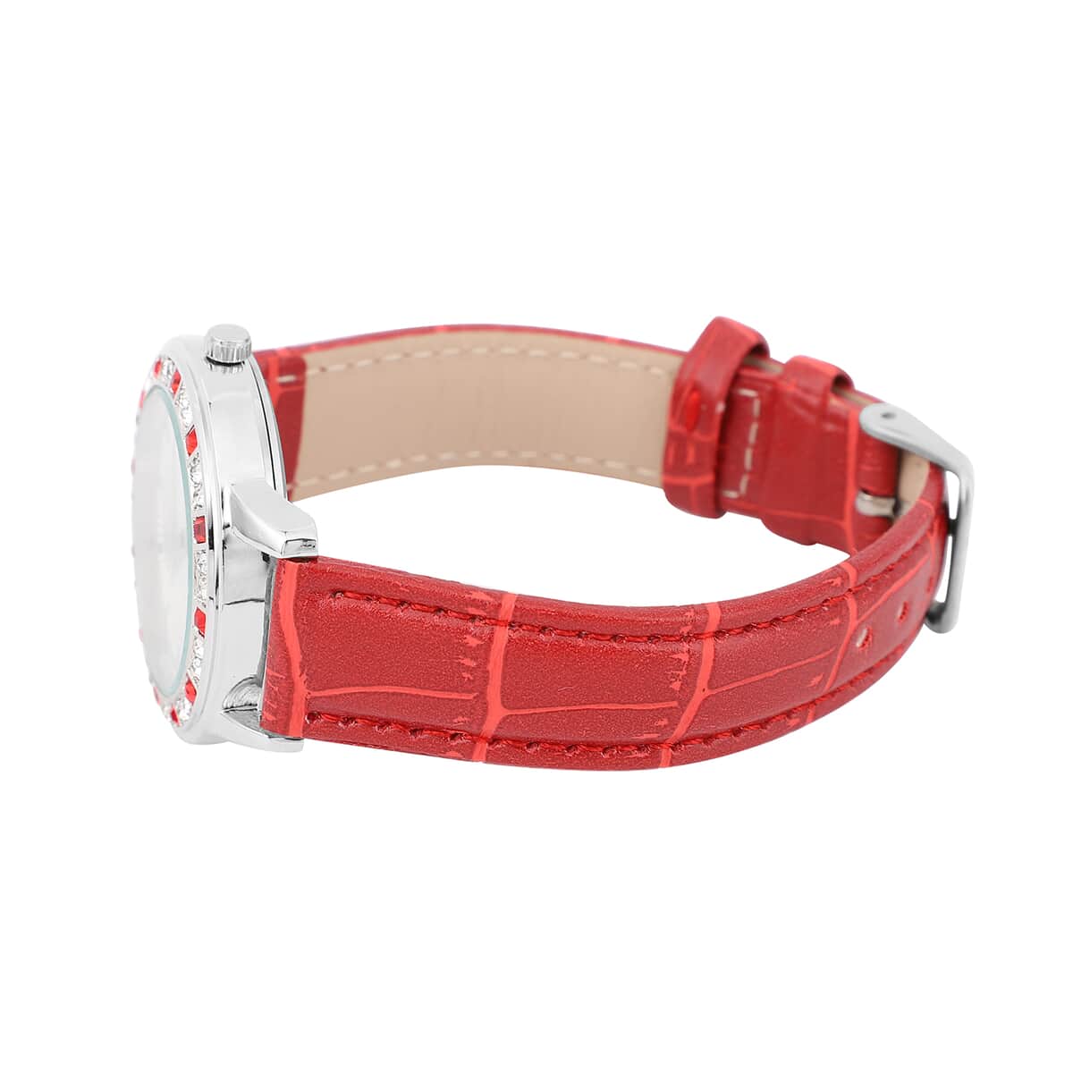 STRADA Red and White Austrian Crystal Japanese Movement Watch with Red Faux Leather Strap and Stainless Steel Back image number 4