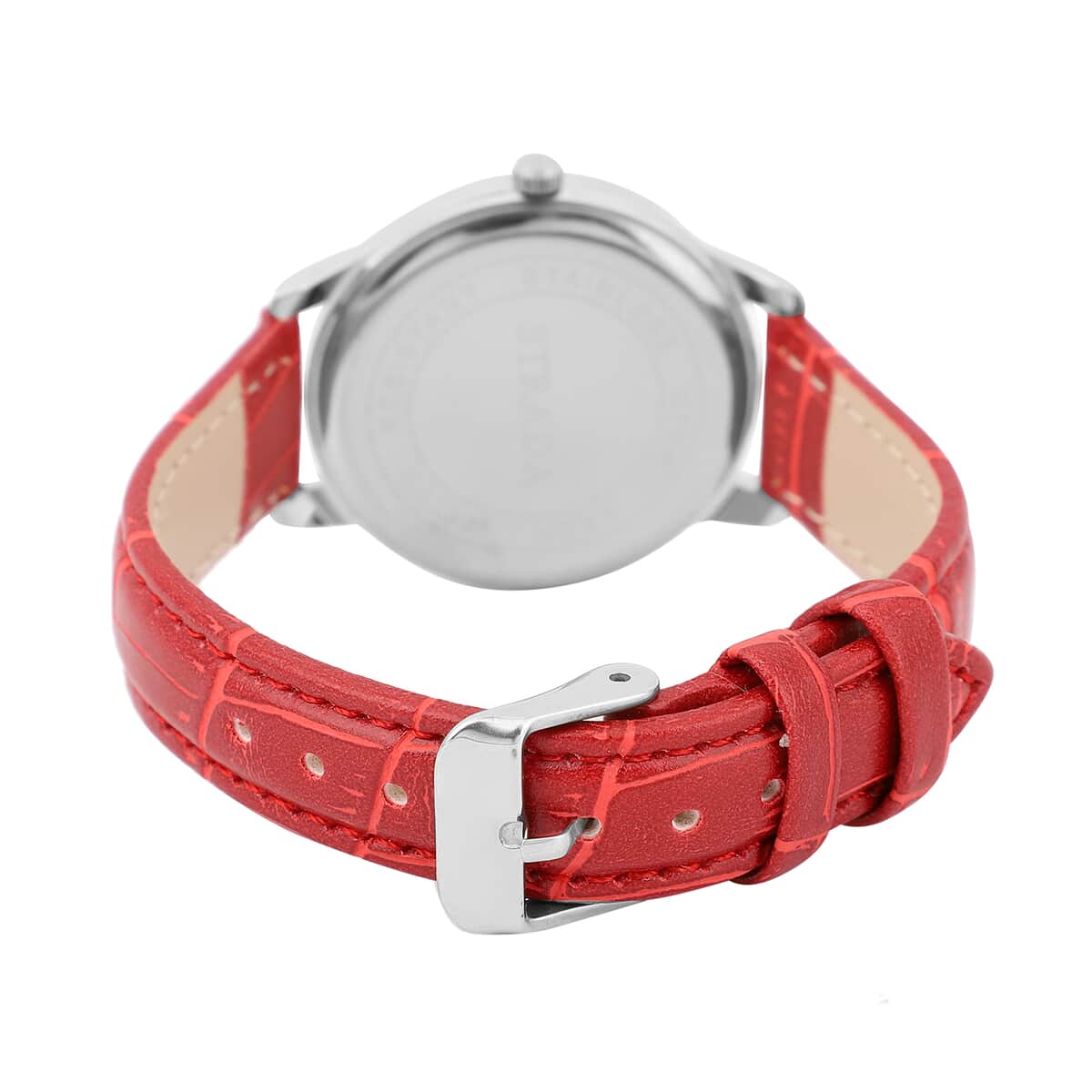STRADA Red and White Austrian Crystal Japanese Movement Watch with Red Faux Leather Strap and Stainless Steel Back image number 5